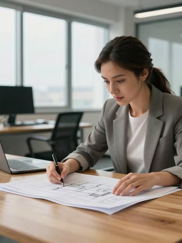 A professional woman in a bright, modern office reviewing architectural plans on a wooden table, natural daylight, medium shot.