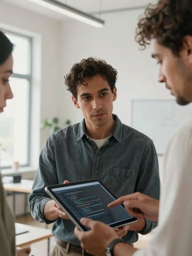 Medium-closeup of three diverse professionals in a bright, daylight-lit architectural studio, collaborating over a tablet, clean minimalist aesthetic, no screens showing code.