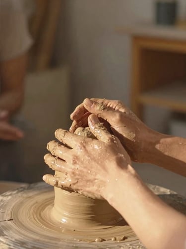 Candid medium shot of a sculptor's hands gently guiding a couple's hands on a wet clay sculpture, warm sun-drenched light, authentic interaction, shallow depth of field, studio environment.