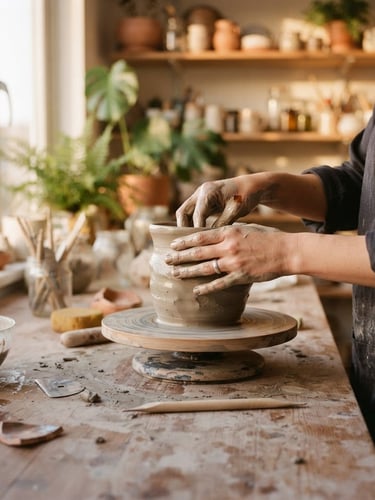 Candid medium shot of a sculptor's hands, gently shaping wet clay on a sun-drenched workbench, studio background softly blurred, golden hour light.