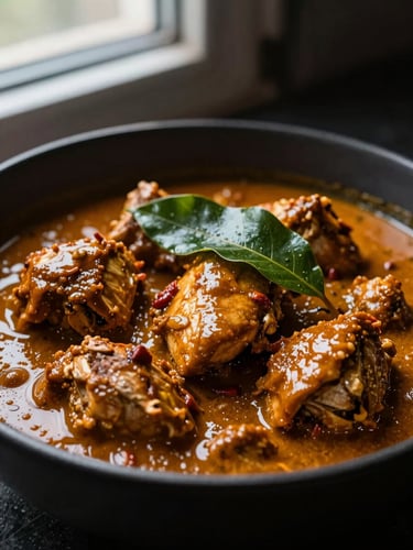 Moody close-up of a glistening rich chicken curry in a black bowl, fresh curry leaves on top, dramatic window light, high contrast