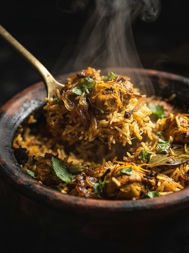 Moody close-up of steaming Biryani being scooped from a clay handi, dramatic side-lighting, rich saffron and charcoal tones, macro depth of field