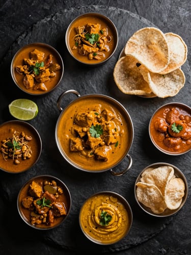 Overhead flat-lay of a complete South Indian meal set on a dark slate background, vibrant curry bowls, crisp papadum, moody side-lighting