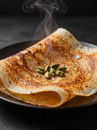 Macro shot of a golden, crisp South Indian dosa on a dark plate, steam rising, dramatic side-lighting, cardamom-green accent tones