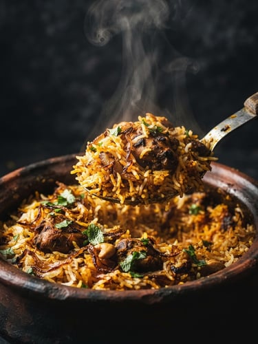 Moody close-up of steaming Biryani being scooped from a clay handi, dramatic side-lighting, rich saffron tones, dark charcoal background.