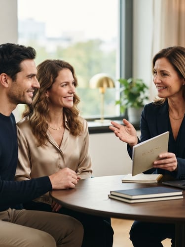 Professioneller Berater im vertrauensvollen Gespräch mit einem Paar, Fokus auf Gesichter und positive Interaktion, modernes Büroambiente mit weichem Fensterlicht, flacher Tiefenschärfebereich, in Navy- und Goldtönen.