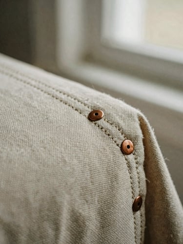 Macro crop of raw, un-dyed oatmeal canvas weave under soft north-facing window light, showing double-needle stitched seams and copper rivets.