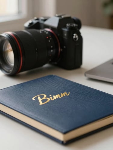 A close-up of a digital creator's desk, a high-end camera, a notebook with gold foil lettering, soft warm window light, clean modern composition