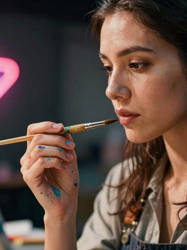 A close-up portrait of a professional female artist with paint splatters on her hands, holding a fine-tip brush, warm dramatic side lighting, shallow depth of field, 35mm film.