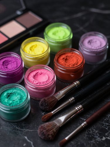 Macro shot of high-end cosmetic pigments, neon paints, and fine synthetic brushes arranged neatly on a dark marble surface, dramatic high-contrast lighting, shallow depth of field.