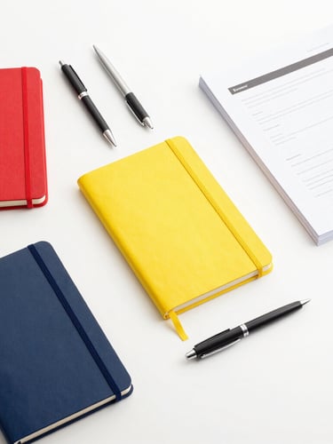 Overhead flatlay of high-quality notebooks, professional pens, and neatly stacked printed documents on a clean white desk, bright high-key studio lighting, crisp focus