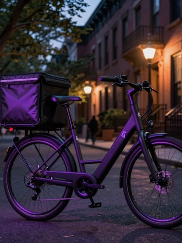 Sleek professional courier on a matte black e-bike navigating a tree-lined Brooklyn brownstone street at dusk, warm streetlights, moody high-contrast lighting with a subtle violet gel glow, 35mm