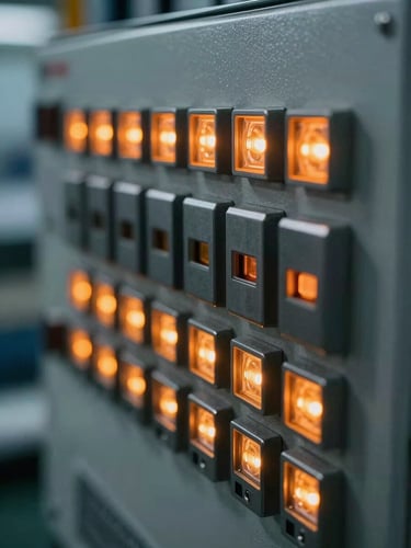 Macro shot of a modern industrial PLC control panel, glowing orange LEDs, metallic terminal blocks, sharp focus, technical style.