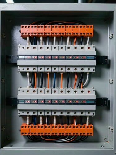 High-contrast industrial photography of an open electrical control panel, neatly organized wiring harness, orange terminal blocks, PLC module with active indicator lights, 50mm lens, sharp focus.