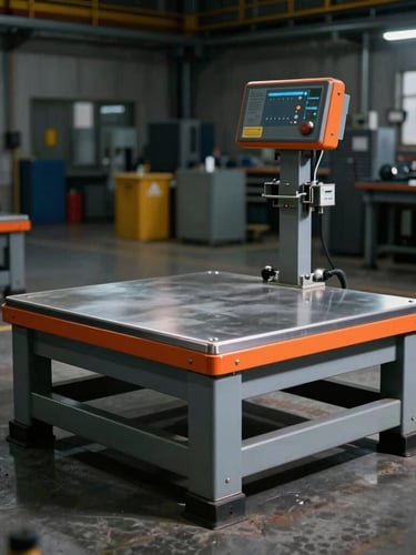 Heavy-duty industrial platform scale on a factory floor, dramatic high-contrast lighting, safety orange accents, sharp focus, 50mm lens