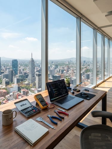 Wide-angle editorial photography of the Mexico City skyline seen through a large clean window of a high-rise office, bright natural daylight, technical tools neatly arranged on a wooden desk in the foreground.
