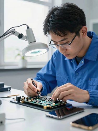 Focused technician in a clean blue uniform repairing a smartphone motherboard under a professional magnifying lamp, bright natural window light, sharp macro detail