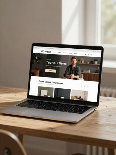Un écran d'ordinateur portable épuré montrant un site web moderne pour un artisan local, posé sur un bureau en bois clair, lumière naturelle du matin, style minimaliste.