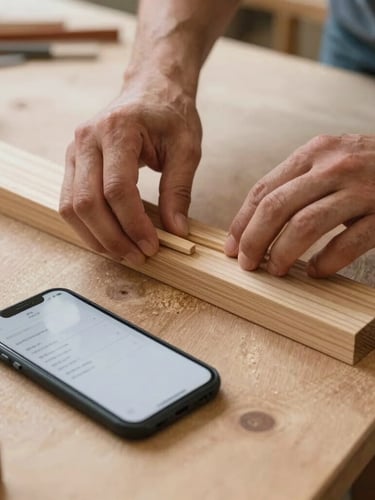 Gros plan serré sur des mains d'artisan travaillant le bois dans un atelier lumineux, avec un smartphone posé à côté montrant un tableau de bord simple, ambiance chaleureuse.