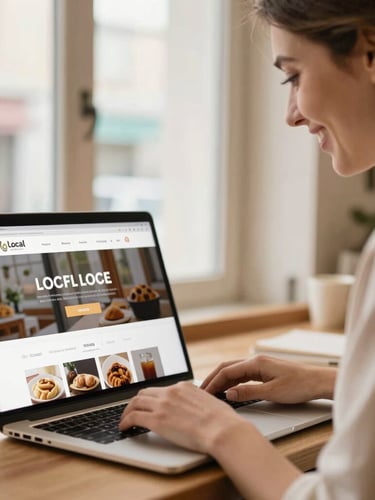 A close-up of a local bakery shop owner smiling while looking at a clean, modern website on a laptop screen, warm natural window light, shallow depth of field.
