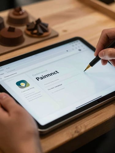 Vue rapprochée d'un artisan chocolatier préparant une commande, un écran de tablette affiche une interface de paiement WooCommerce épurée à côté, lumière naturelle dorée.
