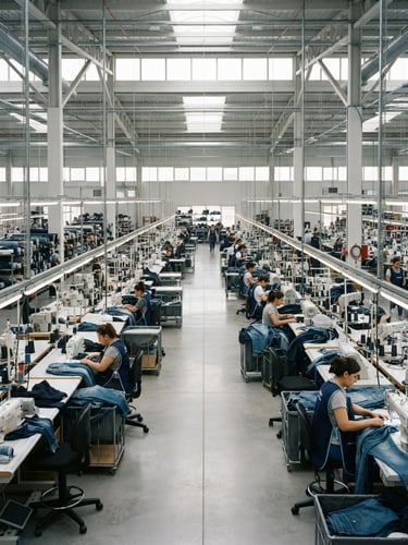Symmetrical wide-angle architectural shot of a bright, modern garment factory floor with rows of advanced automated sewing machinery, clean daylight, 35mm