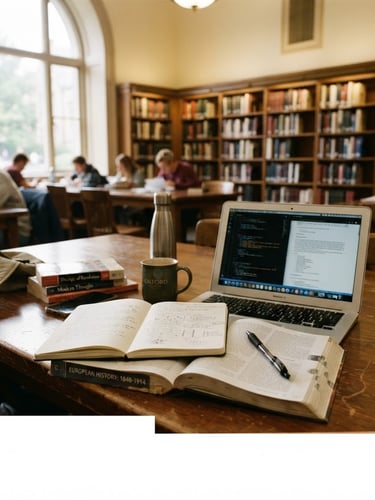 A bright, natural daylight shot of an authentic university library table with open notebooks, a laptop, and soft window light reflecting off polished wood.