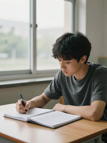 A medium-close environmental shot of a student studying at a wooden desk near a large window with soft overcast daylight, holding a pen over a structured planner.