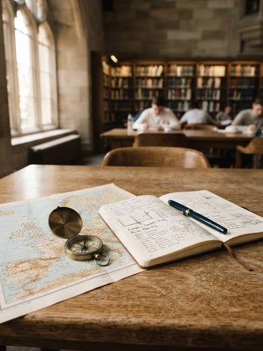 Soft daylight illuminating a quiet wooden library table with an open notebook, a vintage compass, and a map of Europe, 35mm lens, realistic campus setting