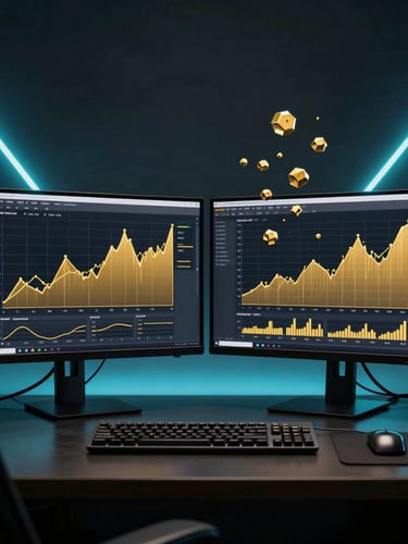 Symmetrical dark luxury workspace with neon cyan ambient rim lighting, dual monitors displaying gold analytics graphs, metallic nodes floating on screen, high contrast