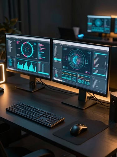 High-contrast dark desk setup with multiple monitors displaying technical analytics, sharp neon cyan and warm gold rim lights, premium professional environment