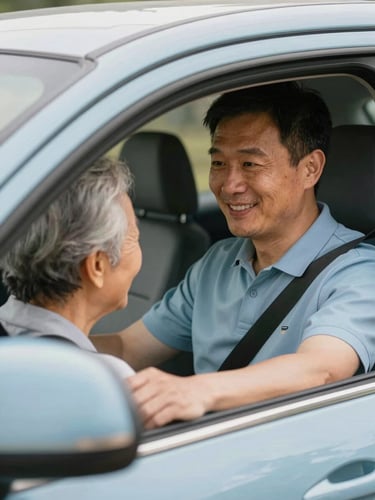 Medium close-up of a professional driver with a warm smile assisting an elderly passenger into a vehicle, soft natural daylight, slate blue tones.
