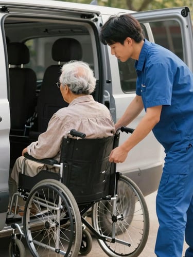 A warm editorial photograph of a driver in a clean slate-blue uniform gently assisting an elderly passenger into a modern wheelchair-accessible van, soft natural daylight, shallow depth of field.
