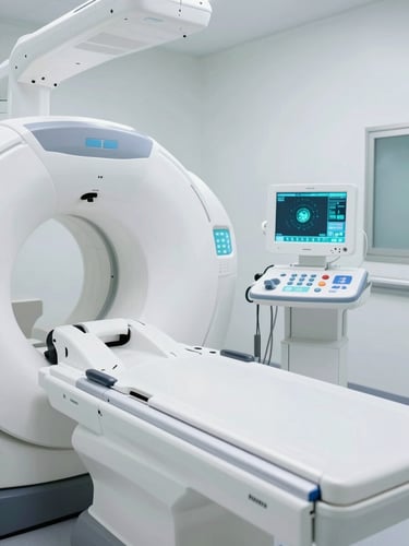 Pristine clinical MRI machine inside a brightly lit sterile white hospital suite, cool digital teal interface visible on the side monitor, sharp focus, 35mm