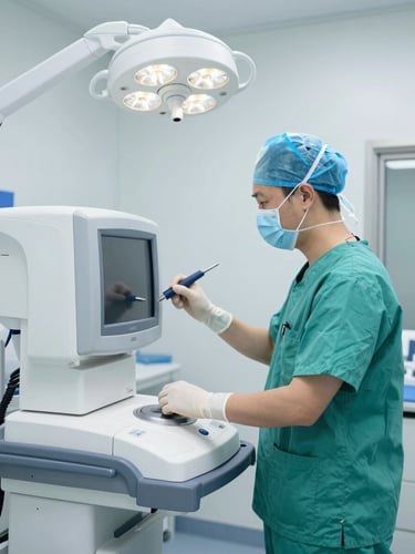 Professional certified medical engineer in clean hospital scrubs calibrating a high-tech diagnostic device, bright clinical lighting