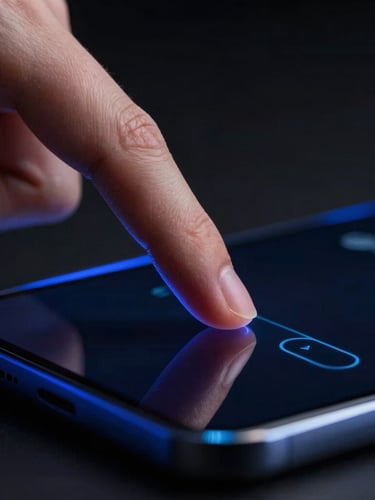 Macro close-up of a physical finger interacting with a sleek dark-mode app interface on a glass screen, dramatic electric blue rim lighting, deep black background