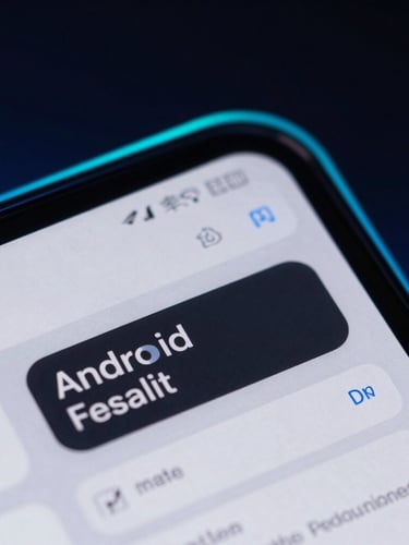 Sleek dark-mode product photography of an Android screen showing a clean terminal interface, dramatic neon cyan rim lighting, deep black background with electric blue accents, macro depth of field