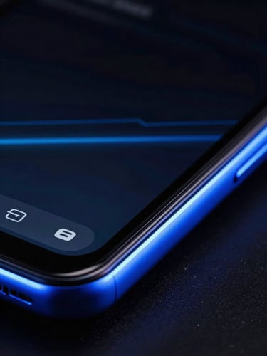 Macro close-up of a sleek Android device screen in dark mode, vibrant neon blue rim lighting reflecting off the curved glass edge, abstract clean UI wireframe, deep black background, shallow depth of field, portrait aspect.