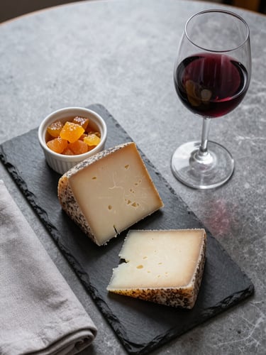 Close overhead study of a hotel breakfast table, slate board with aged Leonese cheese wedges, a small ramekin of membrillo, and a half-poured glass of red wine catching overcast morning light, linen napkin folded at the edge