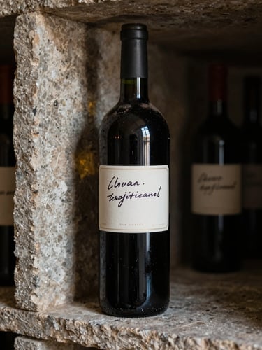 Close-up of a dark wine bottle with visible age sediment and handwritten label, resting on a stone cellar shelf under cool northern light