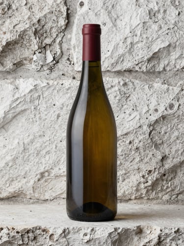 Tall wine bottle with wax-sealed top photographed against a whitewashed stone wall in diffused overcast daylight