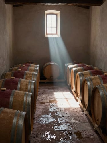 Wide barrel room interior at Pago de Otero, rows of oak casks receding into shadow under a single shaft of northern daylight from a high clerestory window, stone floor damp, cool ambient cellar light, no people