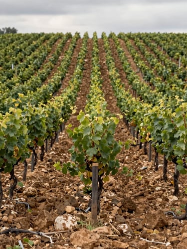 Close panoramic view of vineyard rows in León's meseta, stony clay soil visible between vines, overcast northern light, low horizon, no people, muted greens and ochres