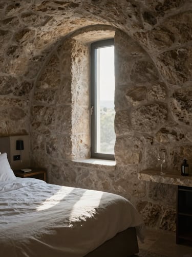 Stone-vaulted hotel suite interior, unmade linen bed catching northern morning light through a narrow deep-set window, rough-hewn walls visible, empty wine glass on the bedside stone ledge
