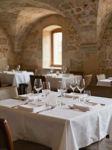 Empty restaurant table set for a tasting menu, six glasses aligned on white linen, stone arched ceiling visible above, soft golden-hour light through a narrow window, no people, formal and still