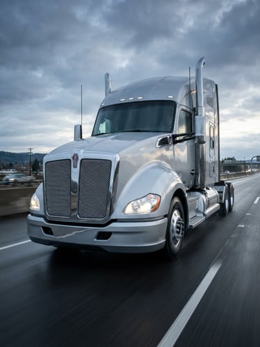 Heroic low-angle shot of a polished silver Class 8 semi-truck cab reflecting early morning light on a clean highway, professional commercial photography, cool metallic tones, sharp focus, 35mm