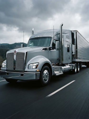 Heroic low-angle Class 8 semi-truck on a clean highway, cool metallic silver cab, dramatic overcast daylight, professional commercial photography, 35mm