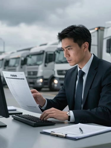 A serious professional logistics manager in a clean, modern terminal office reviewing digital manifests on a screen, cool metallic tones, dramatic overcast daylight, sharp focus, 35mm