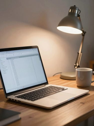 A close-up photograph of a clean wooden desk at dusk, a warm desk lamp casting a soft glow over a laptop showing clean spreadsheets, a ceramic mug sitting beside it, peaceful and organized atmosphere.