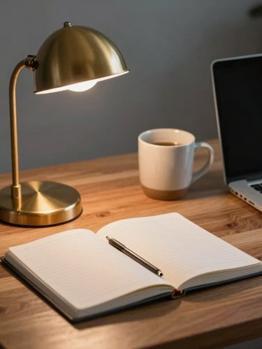 A close-up of a clean, warm wooden desk at twilight, a brass desk lamp casting a soft glow over a neat notebook and a ceramic mug beside a laptop.